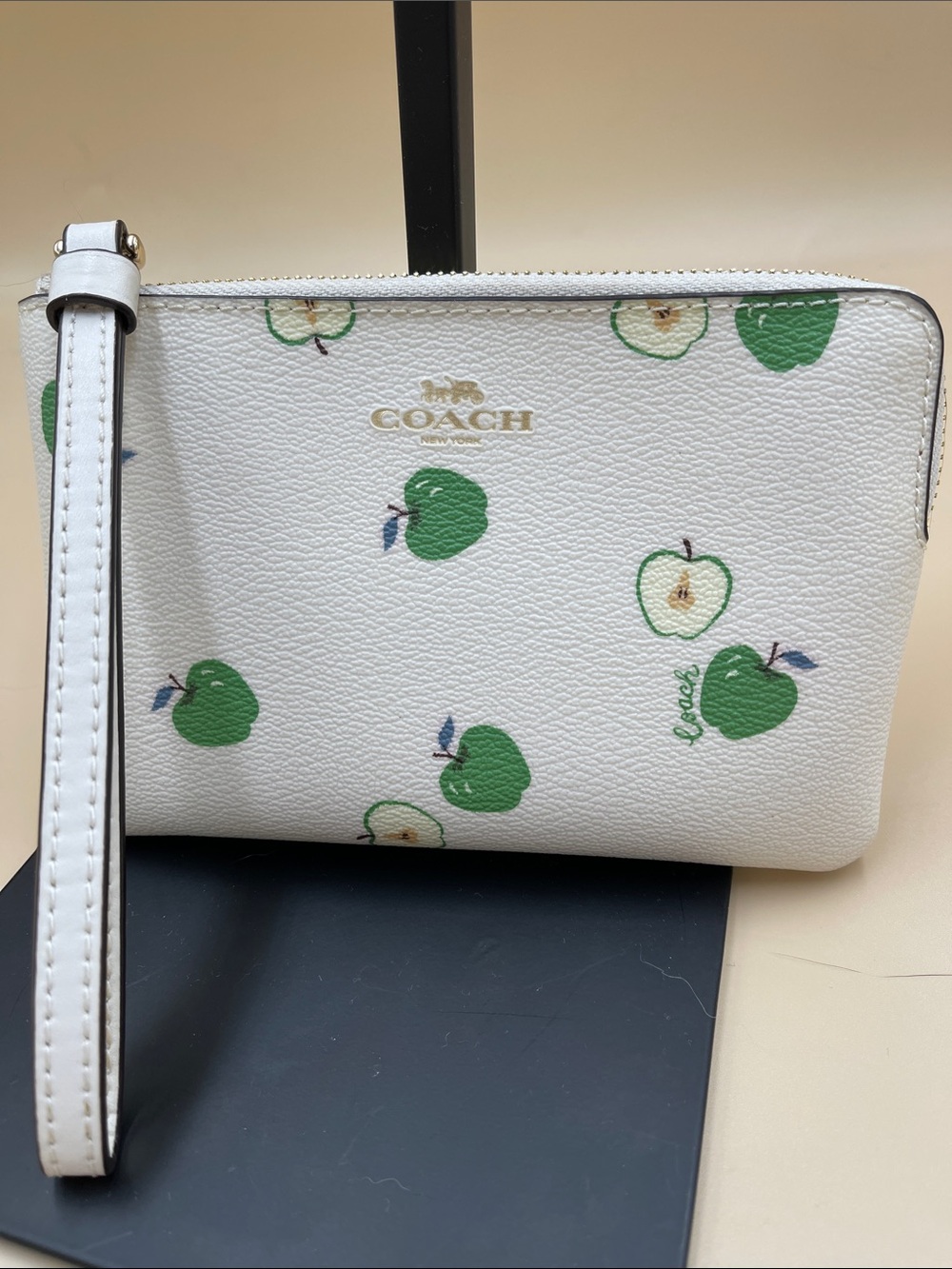 COACH White Leather Wristlet with Green Apple Print
